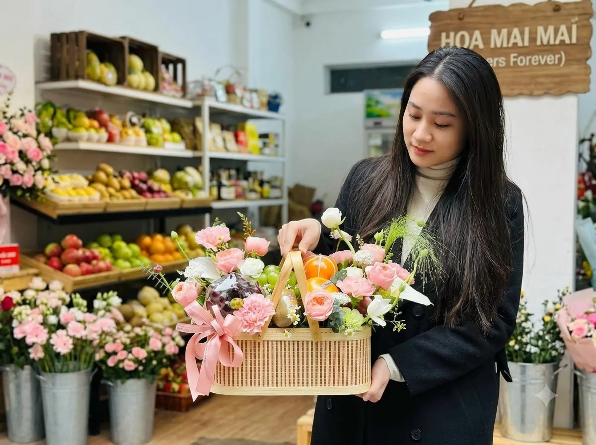 Cô gái ôm giỏ quà trái cây nhỏ phối hoa hồng phấn tại Quận Tân Bình HCM