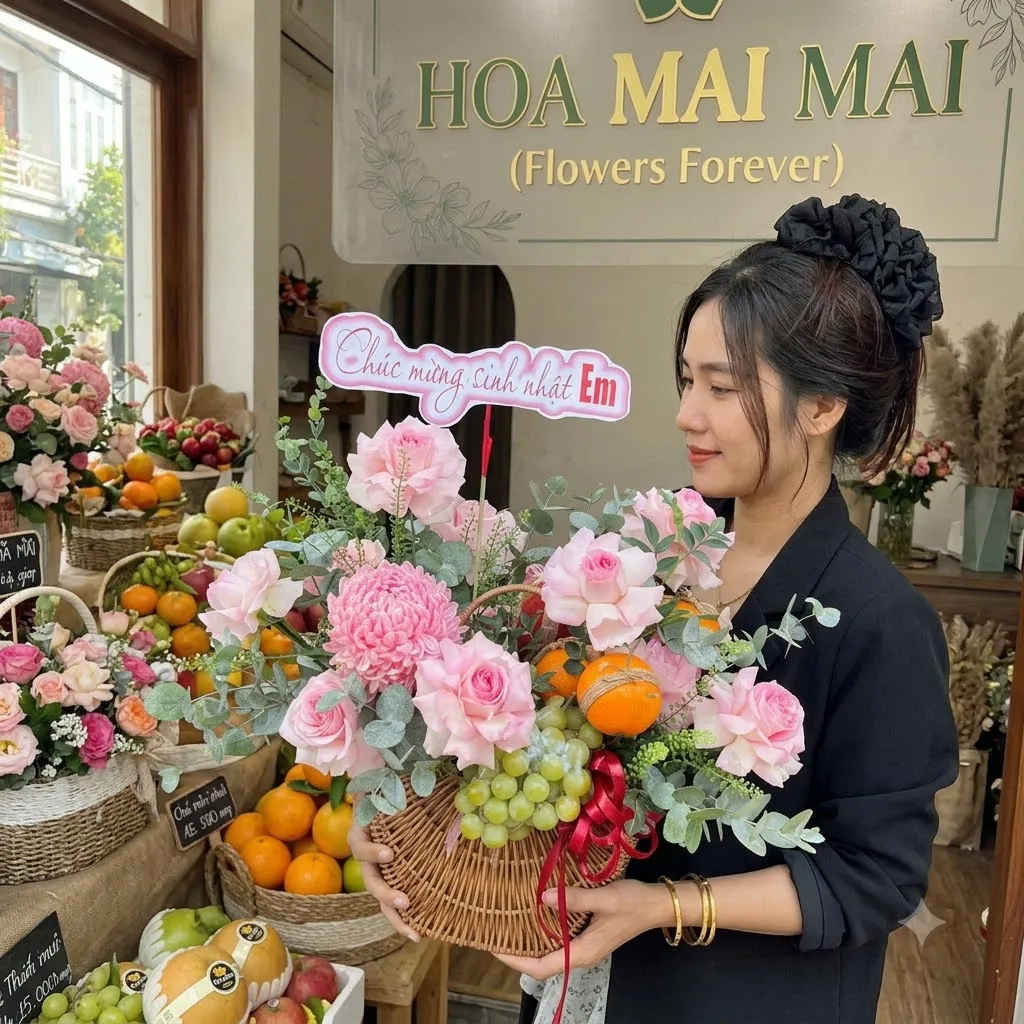 Cô gái ôm giỏ quà trái cây gắn thiệp chúc mừng sinh nhật tại Quận Tân Bình HCM