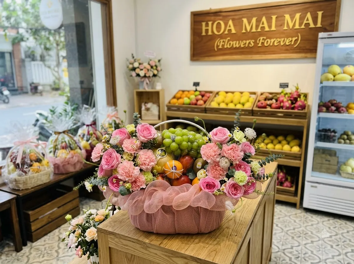 Góc trưng bày giỏ quà trái cây trước cửa hàng tại Huyện Giồng Trôm, Bến Tre