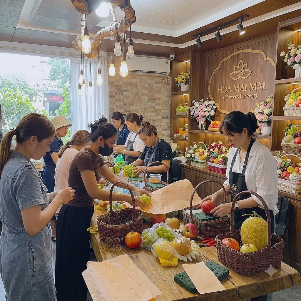 Nhóm nhân viên cùng nhau cắm giỏ trái cây tại xưởng tại Huyện Giồng Trôm, Bến Tre