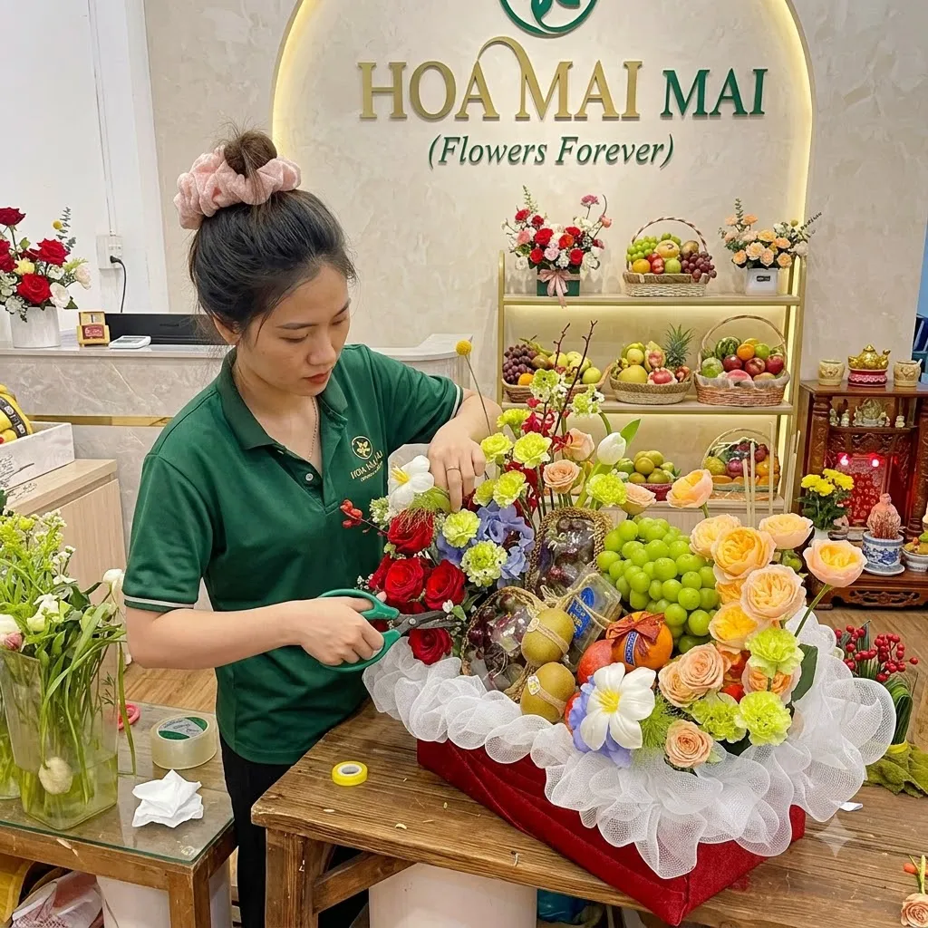 Nhân viên buộc nơ hoàn thiện giỏ quà trái cây lớn tại Huyện Giồng Trôm, Bến Tre