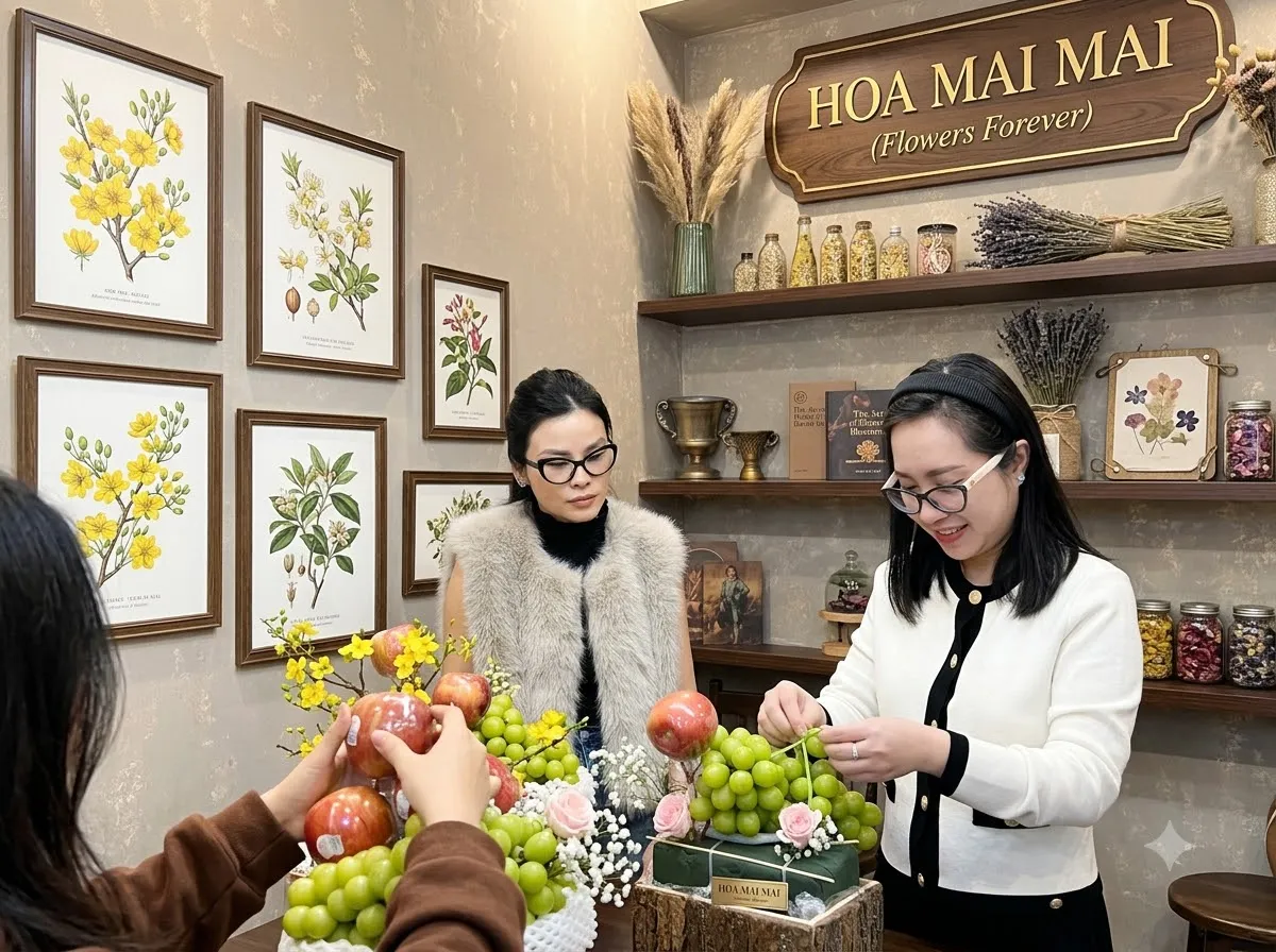 Hai phụ nữ chọn nho và lựu bên tranh hoa mai vàng tại Huyện Giồng Trôm, Bến Tre
