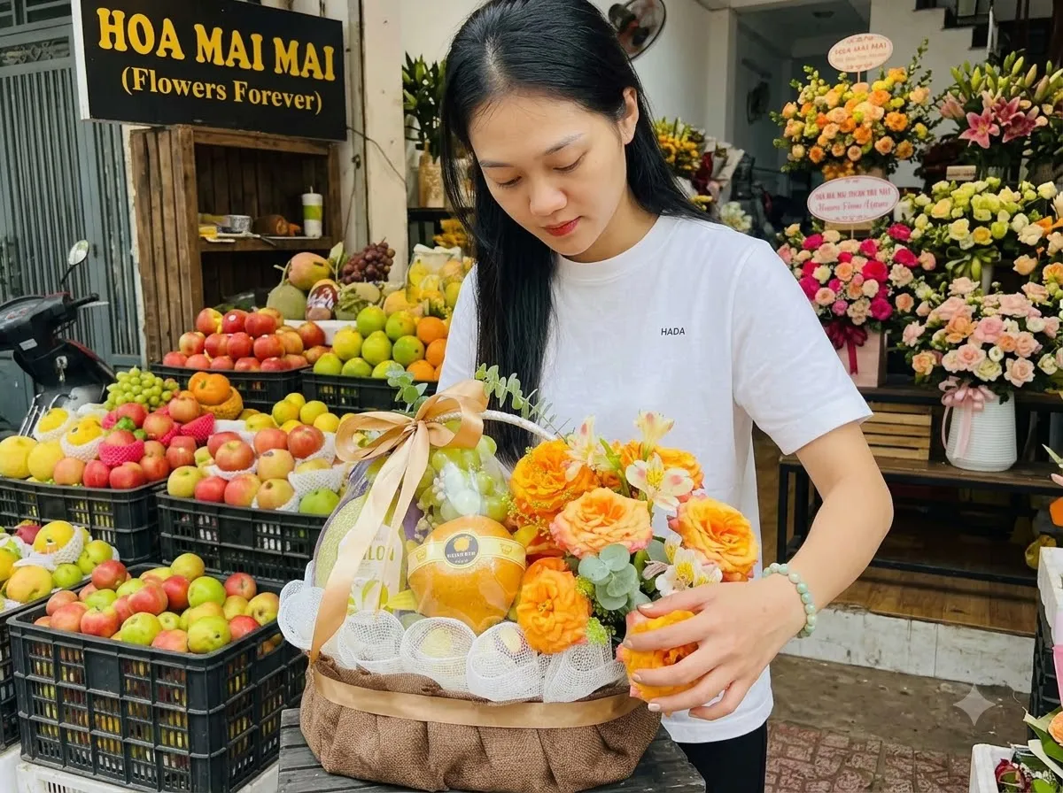 Cô gái cắm giỏ quà trái cây phối hoa cam ngoài cửa tại Huyện Giồng Trôm, Bến Tre