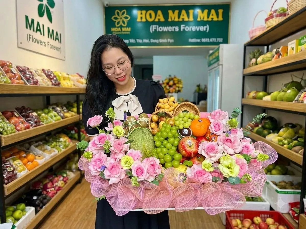 Cô gái ôm giỏ quà trái cây to phối hoa hồng phấn tại Bắc Mê, Hà Giang