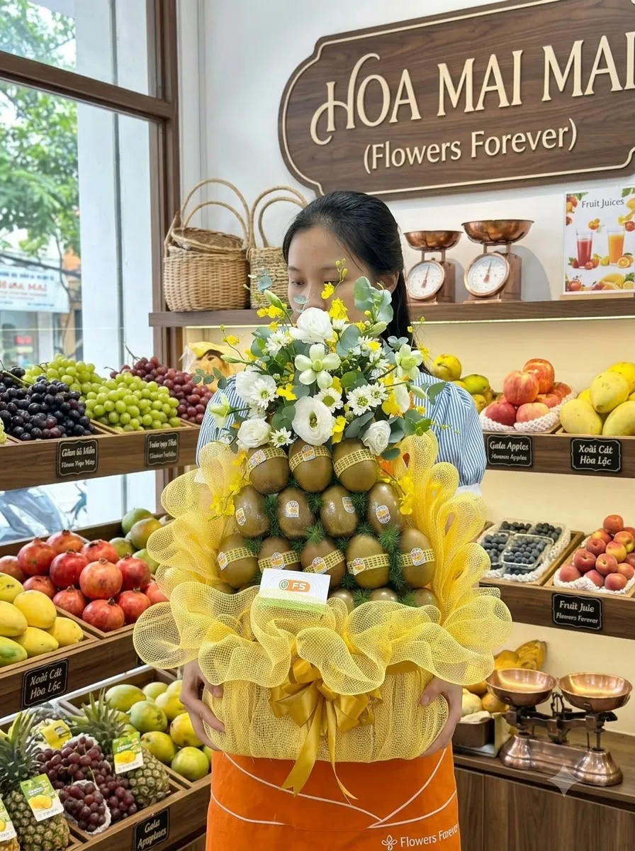 Cô gái ôm giỏ quà kiwi xếp tầng phối hoa vàng trắng tại Bắc Mê, Hà Giang
