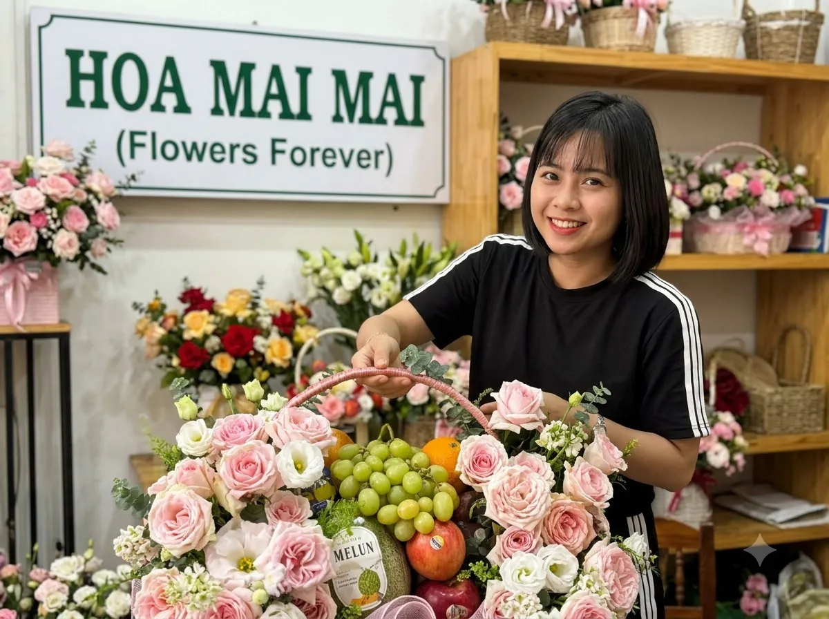 Cô gái cắt tỉa hoàn thiện giỏ quà nho táo lựu tại Huyện Gò Quao, Kiên Giang