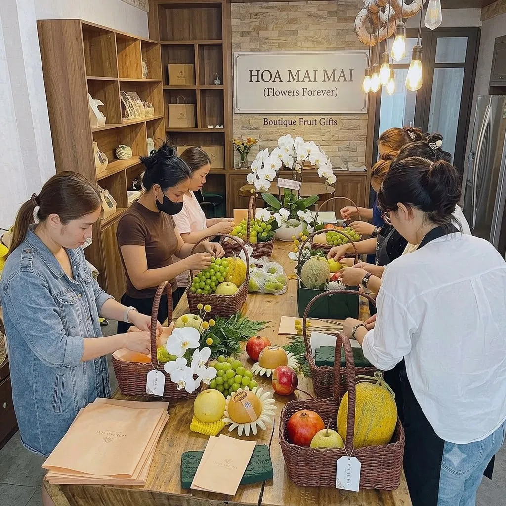 Nhóm nhân viên ngồi quanh bàn cắm giỏ hoa quả tại Huyện Gò Quao, Kiên Giang