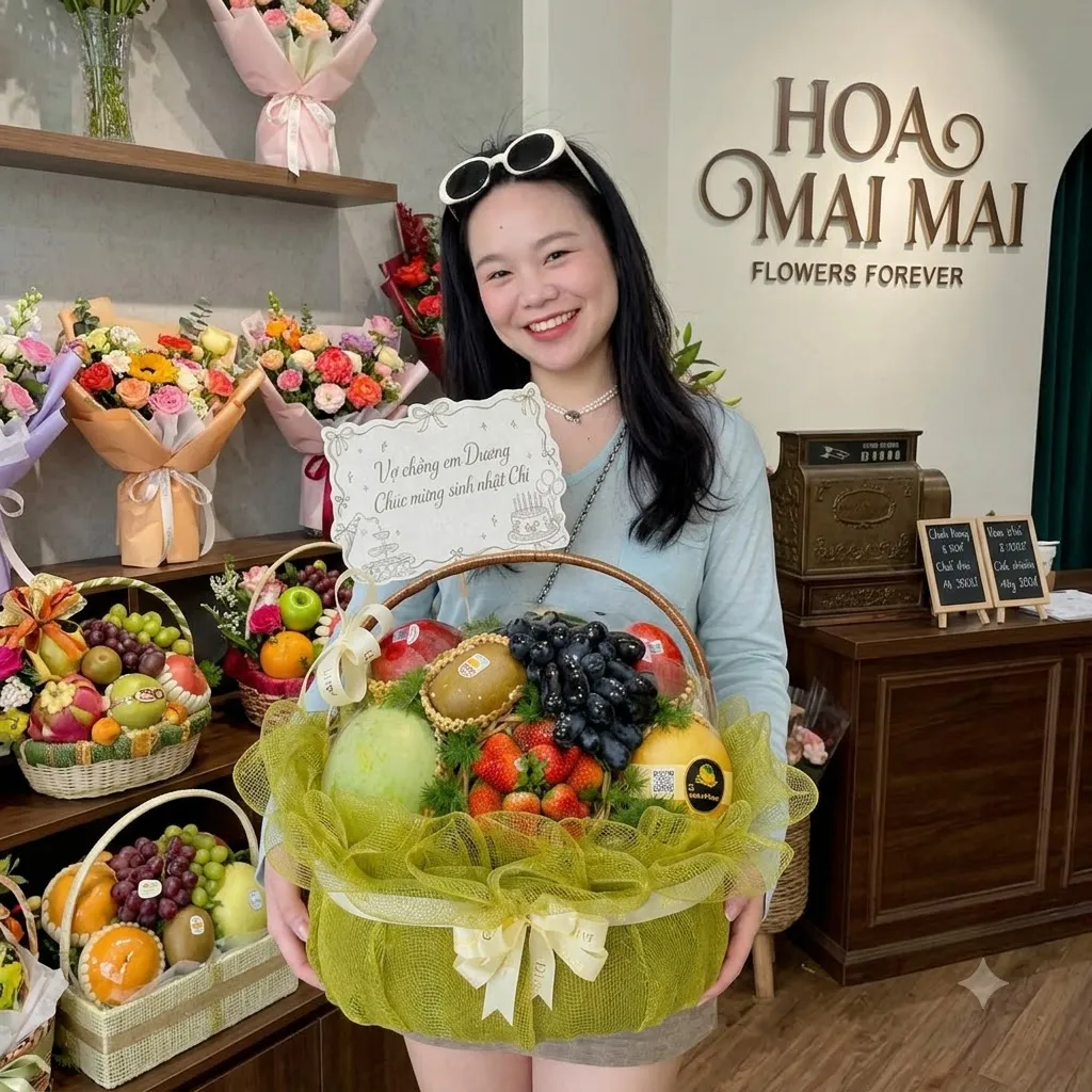 Cô gái ôm giỏ quà trái cây phối dâu tây nho đen tại Huyện Cát Hải, Hải Phòng