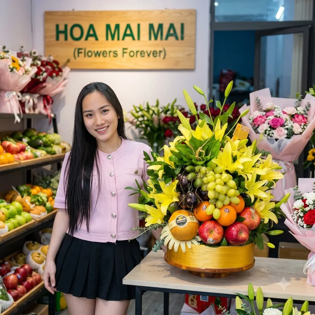 Cô gái đứng cạnh giỏ quà trái cây phối hoa loa kèn vàng tại Bến Lức, Long An