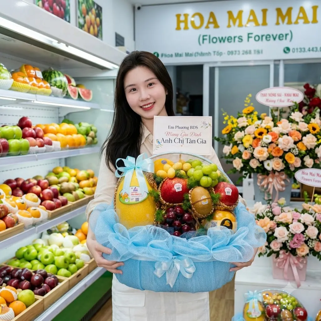 Cô gái ôm giỏ quà trái cây bọc lưới xanh dương tại Huyện Gò Quao, Kiên Giang