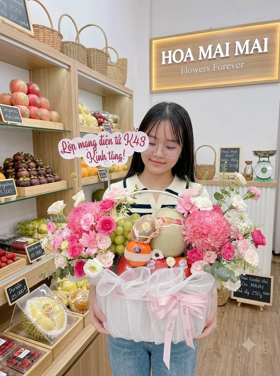 Cô gái ôm giỏ quà trái cây phối dưa lưới hoa hồng tại Huyện Gò Quao, Kiên Giang