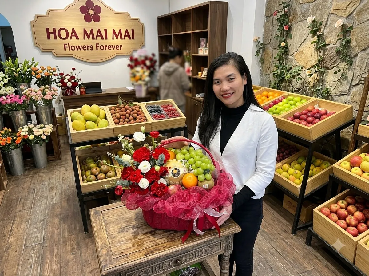 Phụ nữ đứng cạnh giỏ quà trái cây đỏ trên bàn gỗ tại Huyện Gò Quao, Kiên Giang