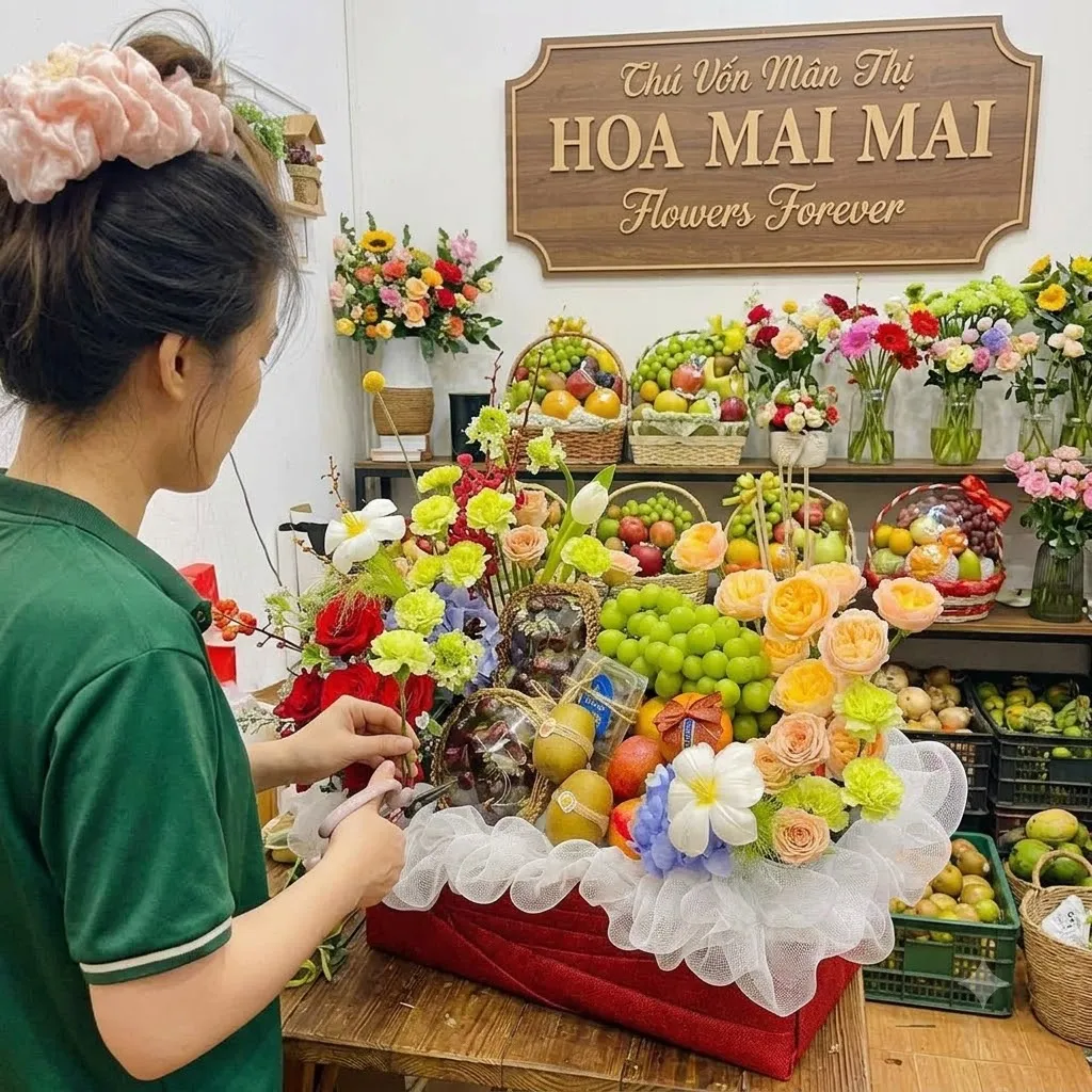 Nhân viên cắm giỏ quà trái cây to trong thùng đỏ tại Bến Lức, Long An