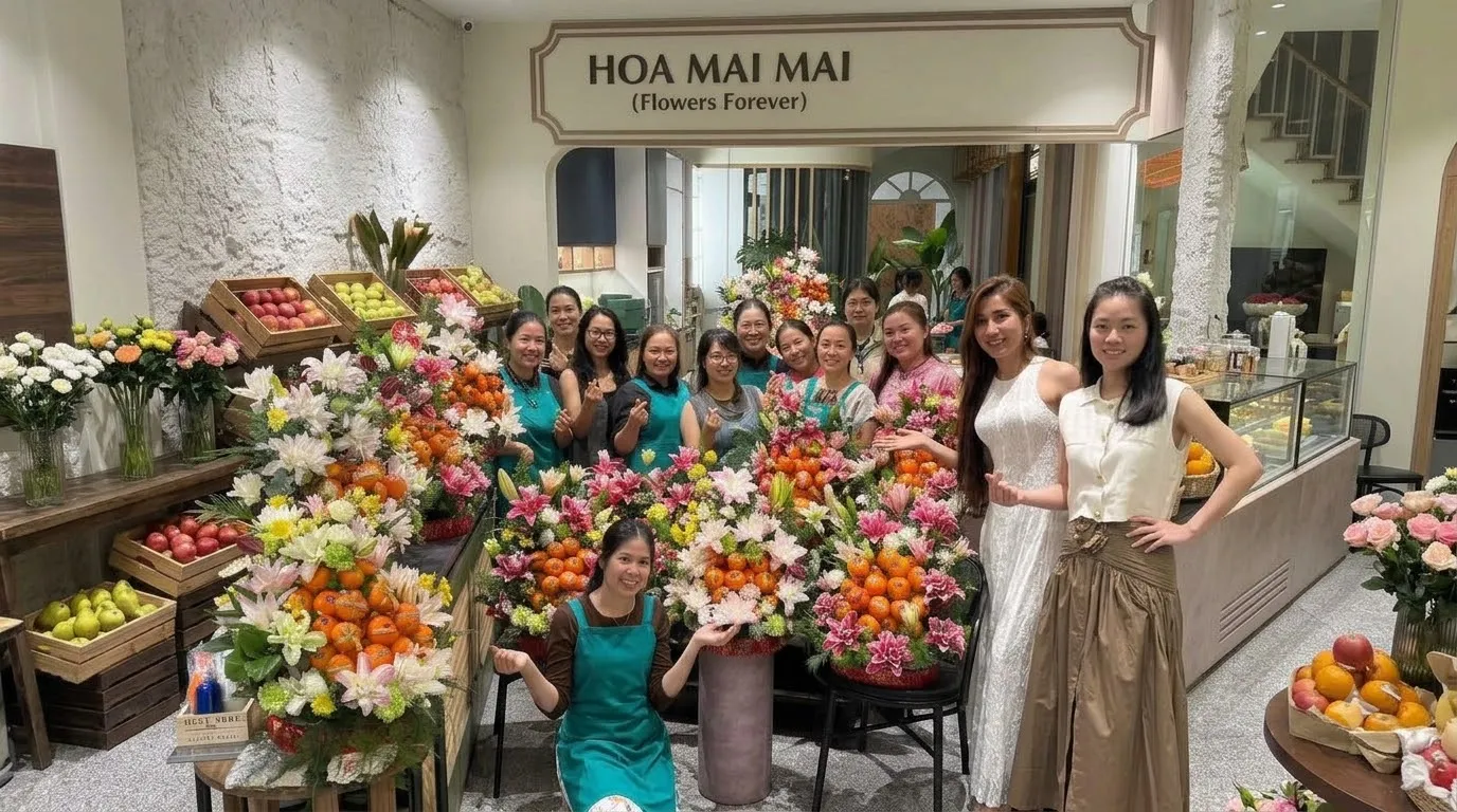 Nhóm nhân viên chụp ảnh cùng khách bên giỏ quà lớn tại Bến Lức, Long An
