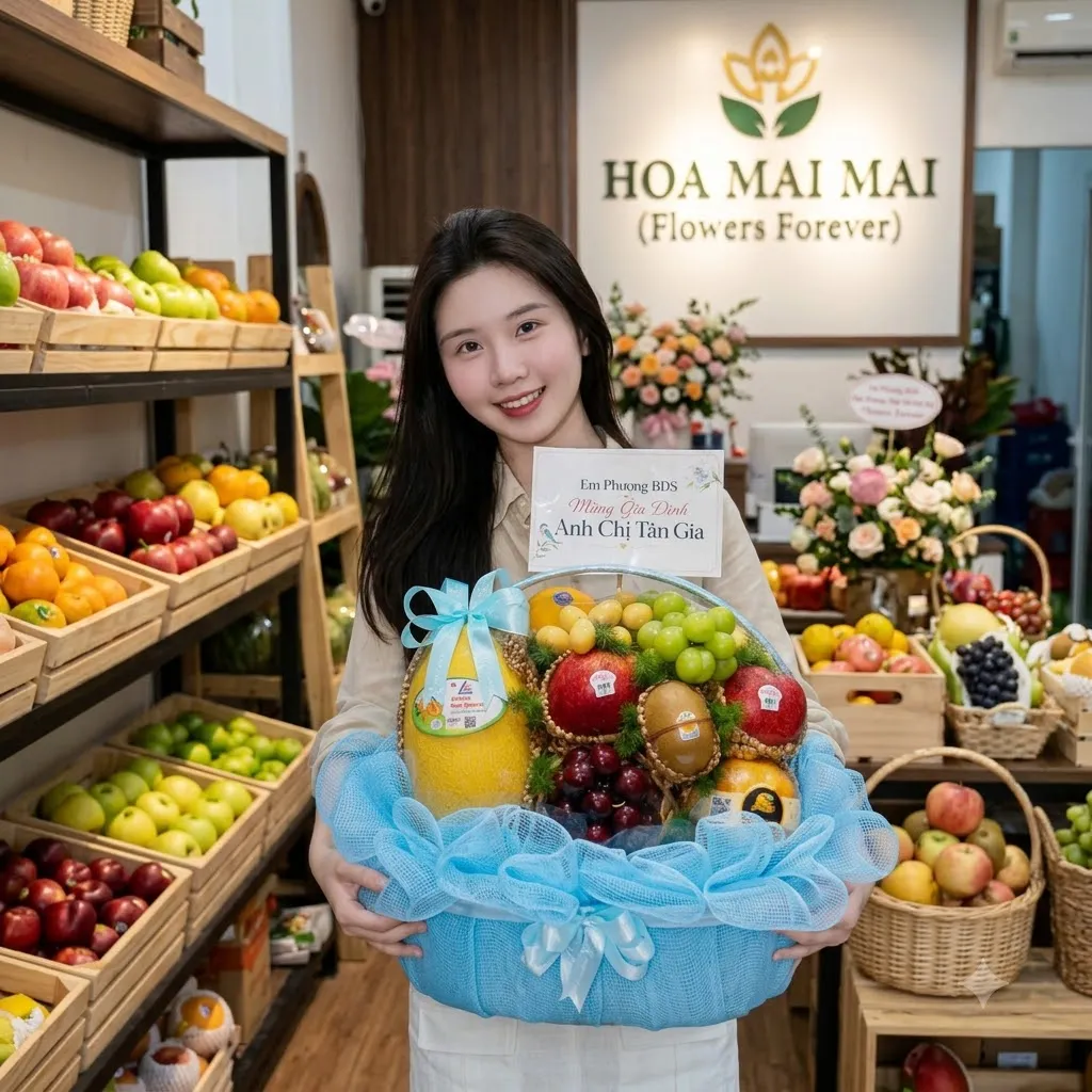 Cô gái ôm giỏ quà bưởi nho táo bọc lưới xanh dương tại Quang Bình, Hà Giang