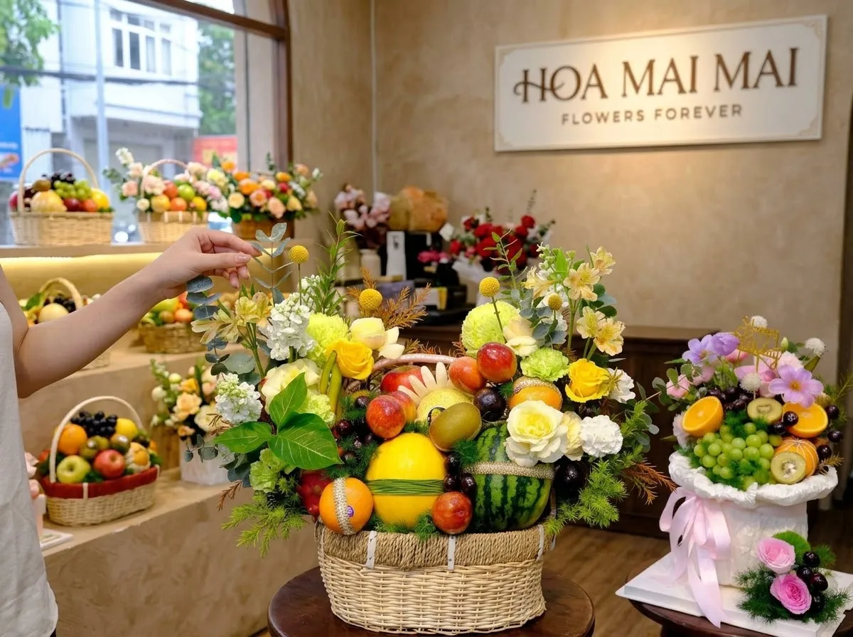 Bàn tay đặt trái cây hoàn thiện giỏ quà lớn tại Huyện Mai Châu, Hòa Bình
