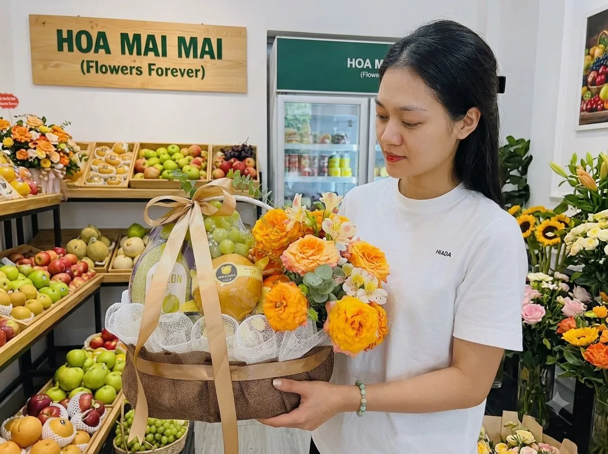Cô gái ôm giỏ quà bưởi phối hoa hồng cam tại Bến Lức, Long An