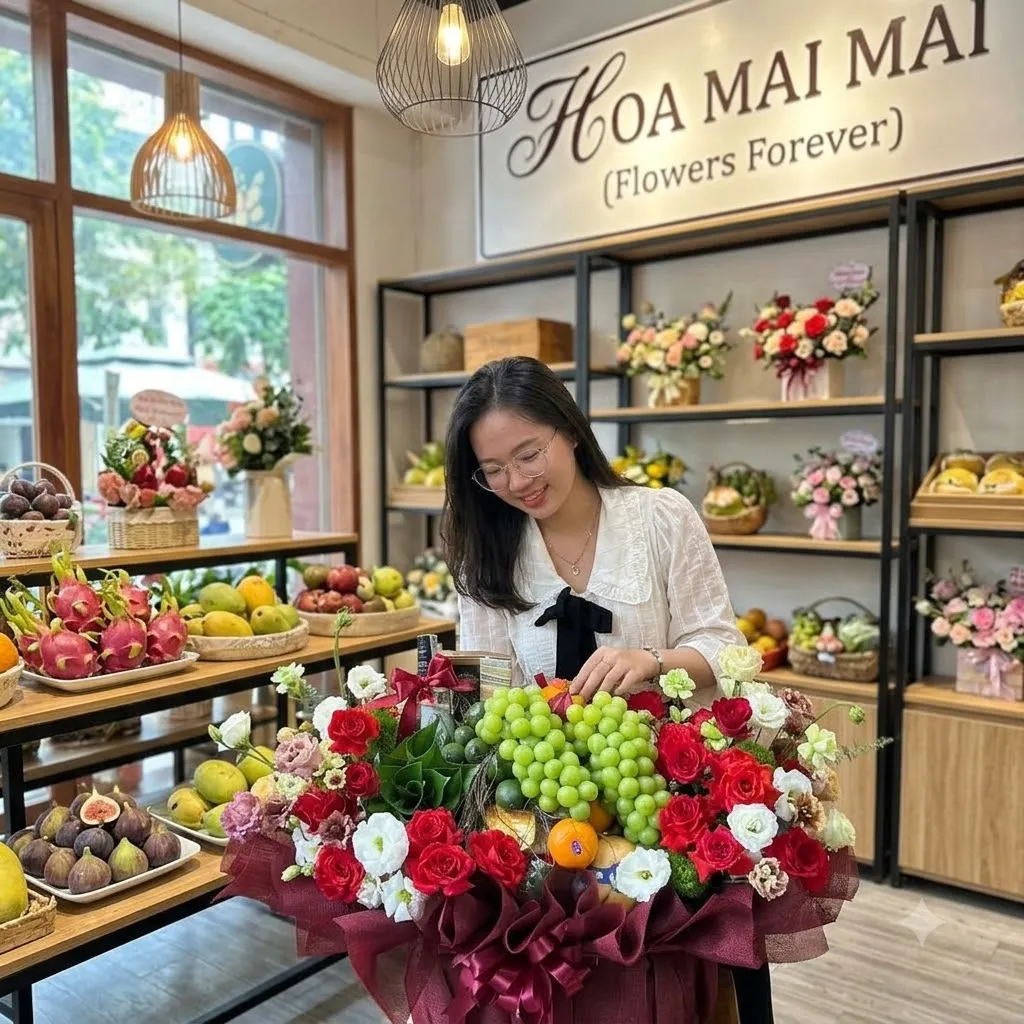 Cô gái ôm giỏ quà trái cây phối hoa hồng bọc lưới hồng tại Huyện Mai Châu, Hòa Bình
