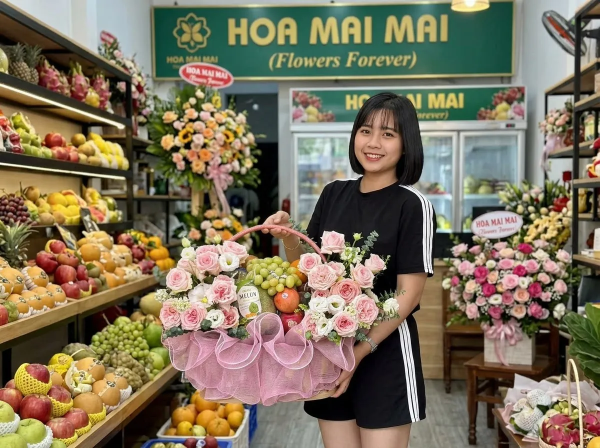 Giỏ quà kiwi xếp tầng phối hoa trắng vàng trên bàn tại Huyện Mai Châu, Hòa Bình