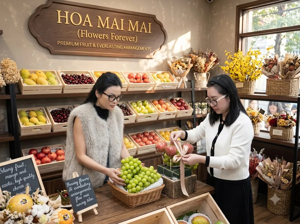 Hai phụ nữ chọn nho xanh tại quầy trái cây tại Huyện Hải Lăng, Quảng Trị