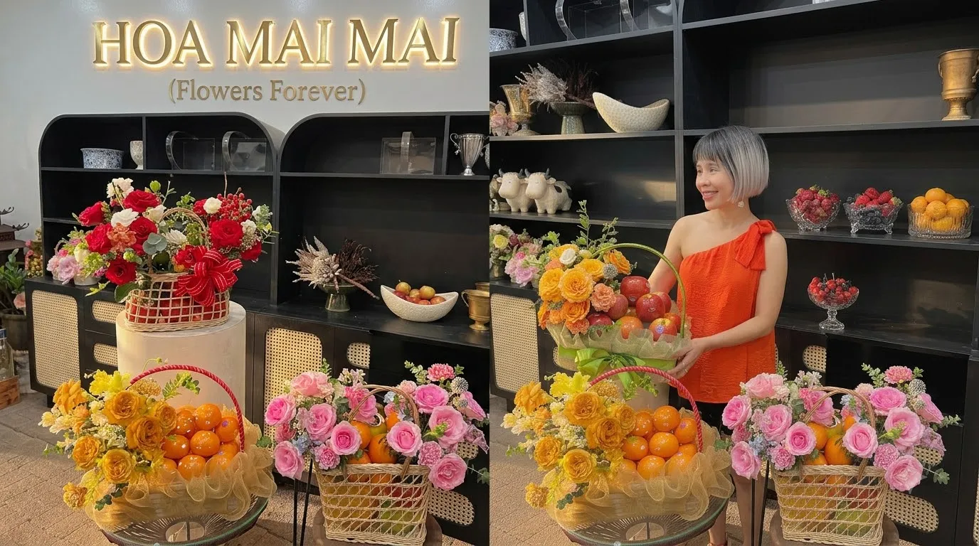 Ảnh ghép bình hoa đỏ và cô gái ôm giỏ quà trái cây tại Mộc Hóa, Long An