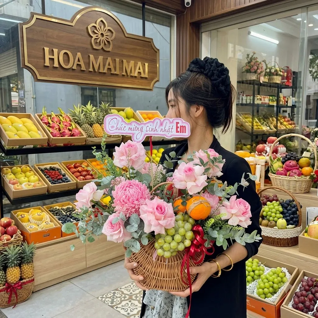 Cô gái ôm giỏ quà nho hồng phối hoa mẫu đơn tại Huyện Mai Châu, Hòa Bình