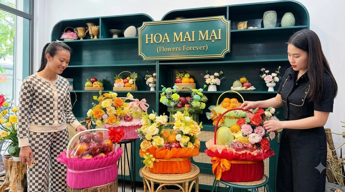 Hai phụ nữ đứng cạnh ba giỏ quà trái cây nhỏ tại Huyện Mai Châu, Hòa Bình