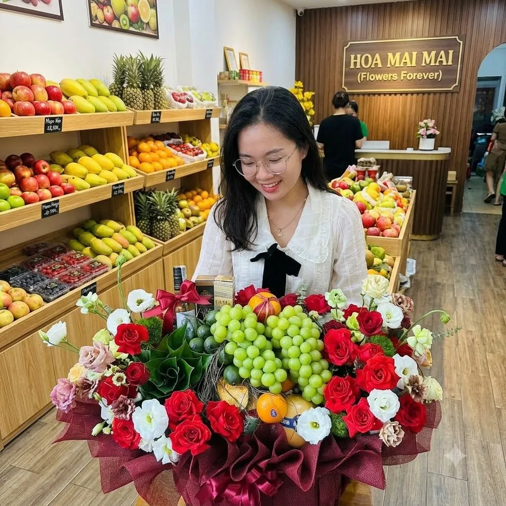 Cô gái ôm bó hoa hồng đỏ phối nho xanh tại Huyện Mai Châu, Hòa Bình