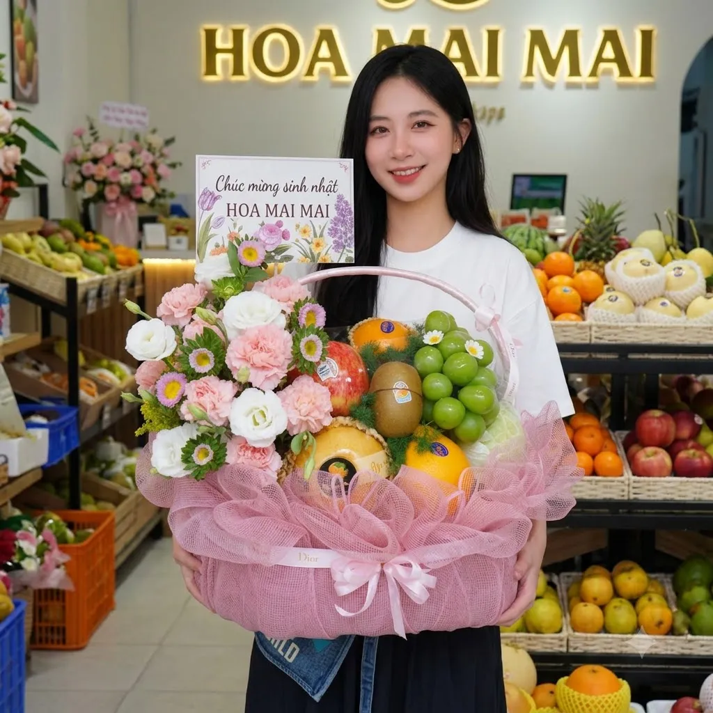 Cô gái ôm giỏ quà trái cây phối hoa hồng trắng tại Mỹ Tú, Sóc Trăng