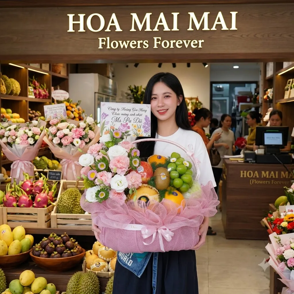 Cô gái ôm giỏ quà trái cây phối hoa hồng phấn tại Huyện Mai Châu, Hòa Bình