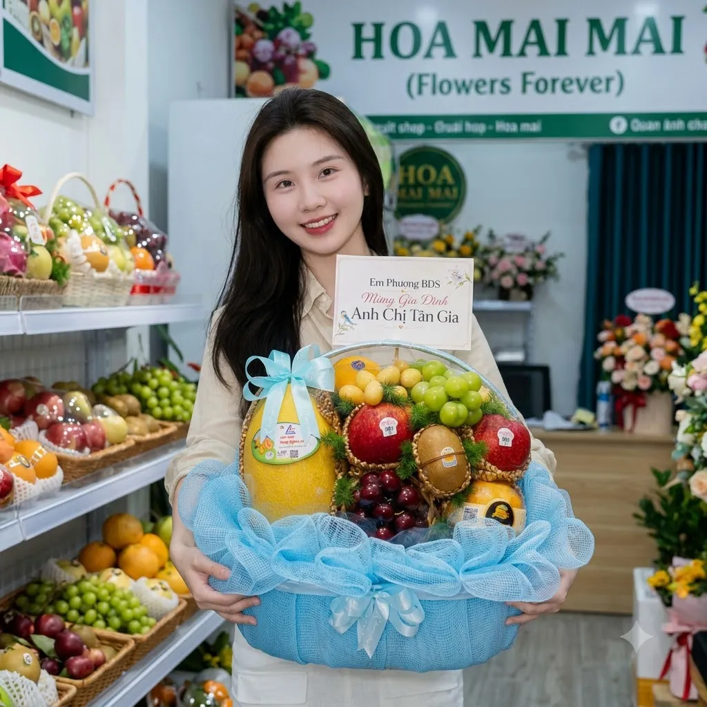 Cô gái ôm giỏ quà bưởi táo lựu bọc lưới xanh dương tại Mỹ Tú, Sóc Trăng