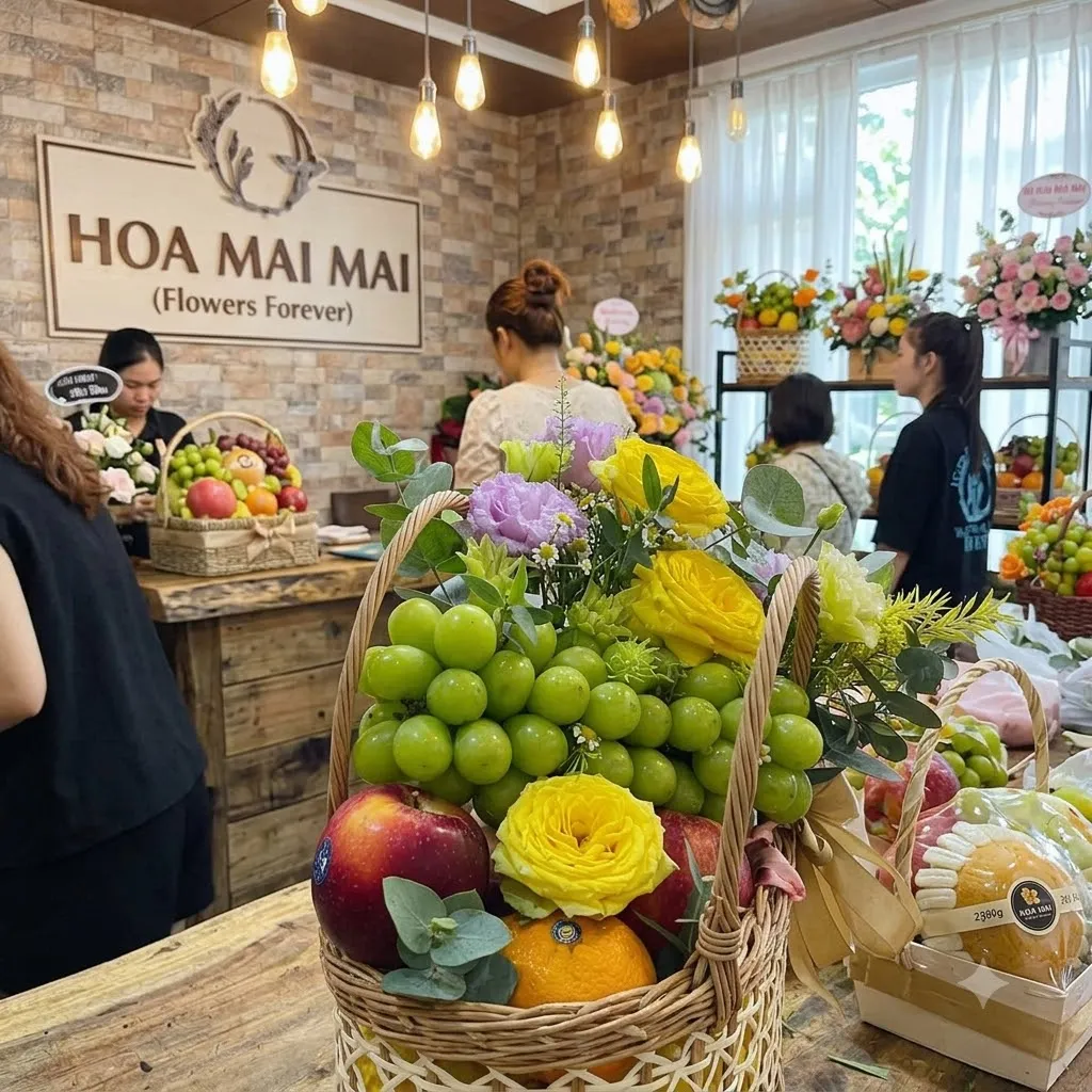 Giỏ quà nho xanh táo đỏ phối hoa vàng tím trên bàn tại Mỹ Tú, Sóc Trăng