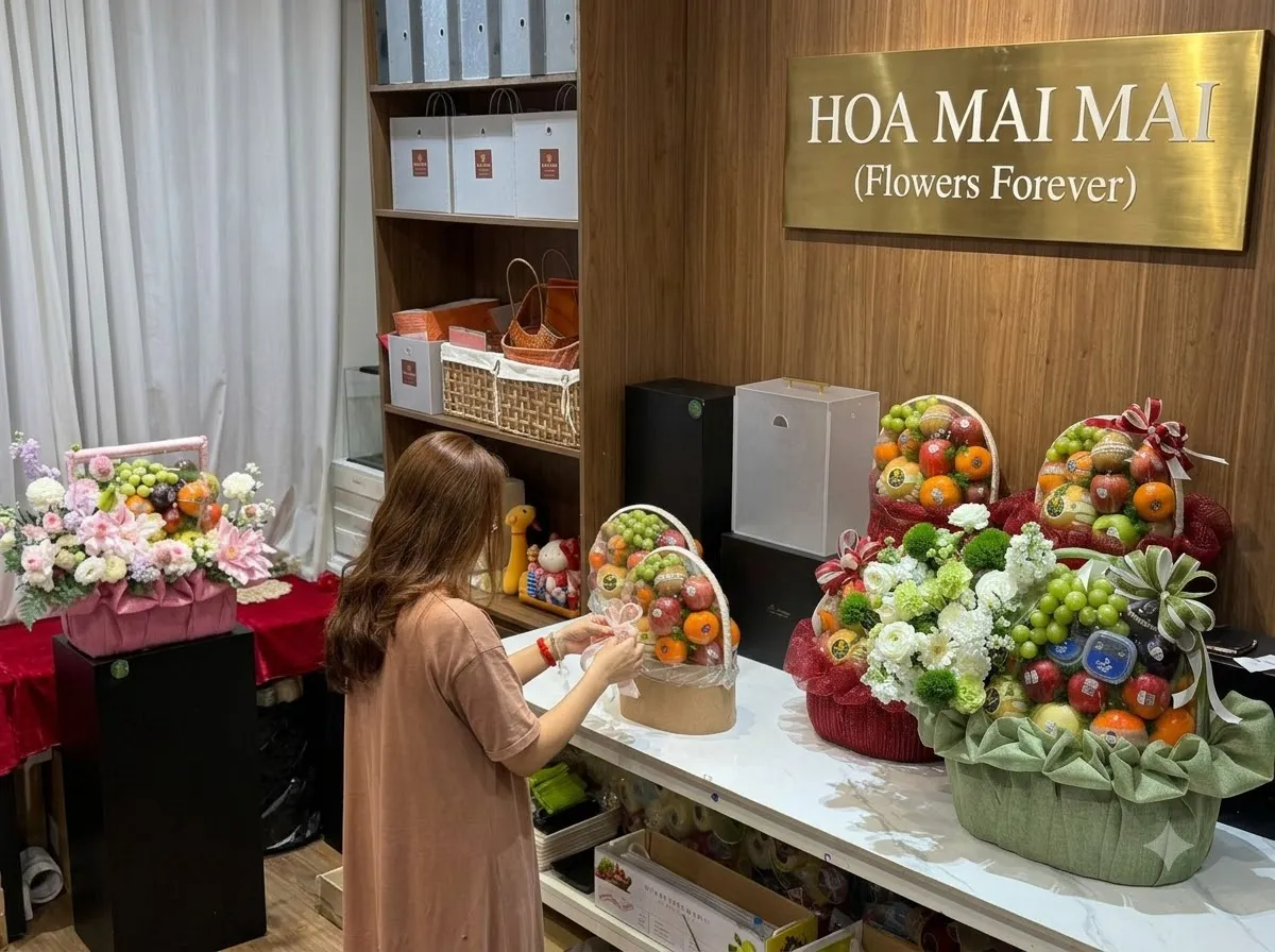 Nhân viên sắp xếp các giỏ quà trái cây trên kệ gỗ tại Mỹ Tú, Sóc Trăng