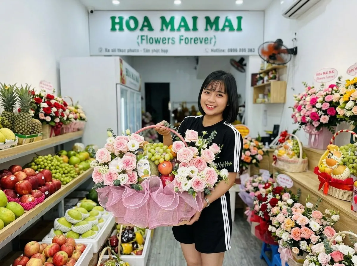 Cô gái ôm giỏ quà trái cây phối hoa hồng trắng tại Vị Xuyên, Hà Giang