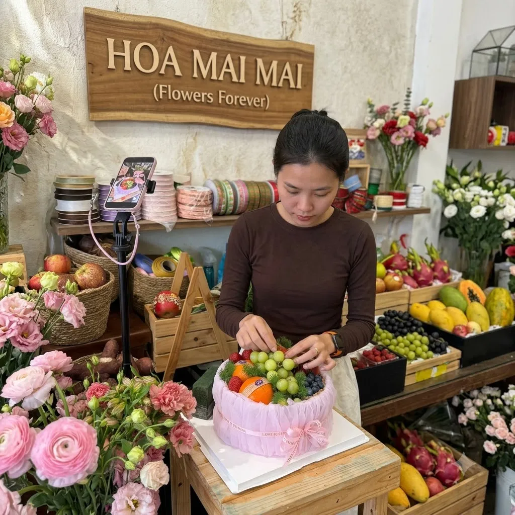Cô gái chăm chút giỏ quà nho đỏ trắng tại Huyện Mai Châu, Hòa Bình