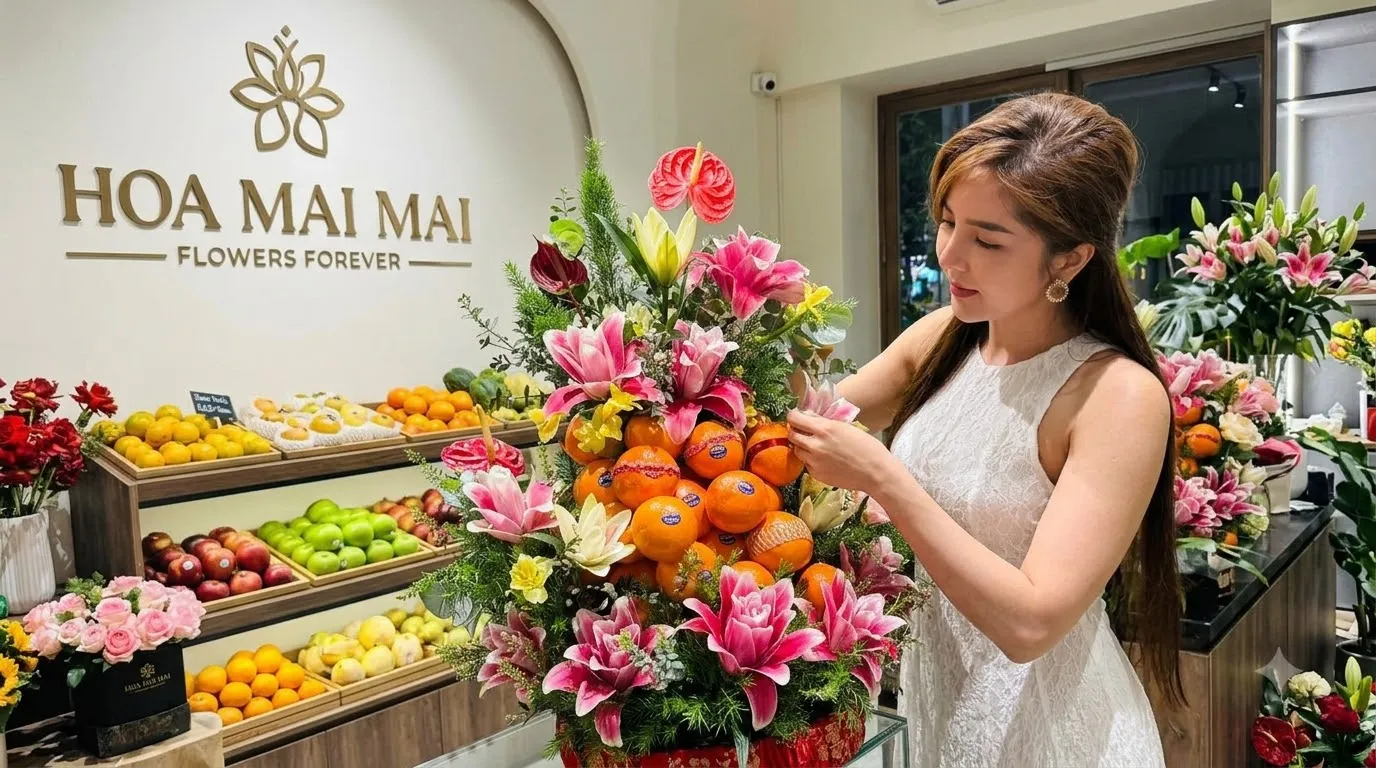 Cô gái chụp ảnh giỏ hoa quả phối hoa huệ đỏ cam tại Mỹ Tú, Sóc Trăng