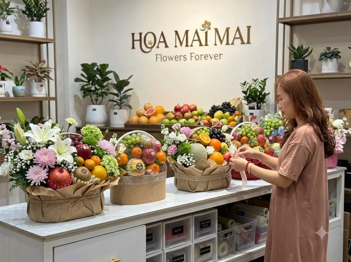 Cô gái sắp xếp ba giỏ quà trái cây trên quầy trắng tại Huyện Châu Thành, Đồng Tháp