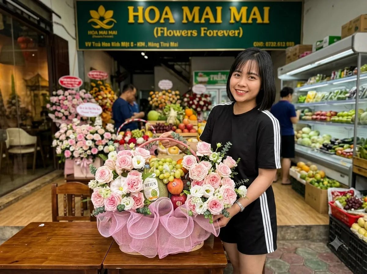 Cô gái cầm giỏ trái cây nơ hồng trước tiệm tại Vị Xuyên, Hà Giang