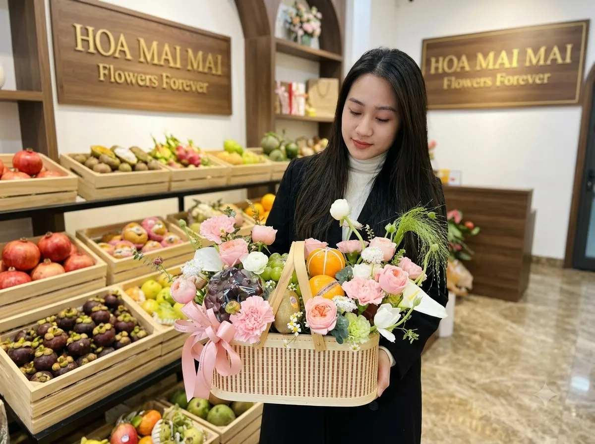 Nhân viên cầm giỏ trái cây nho xanh nơ trắng tại Vĩnh Hưng, Long An