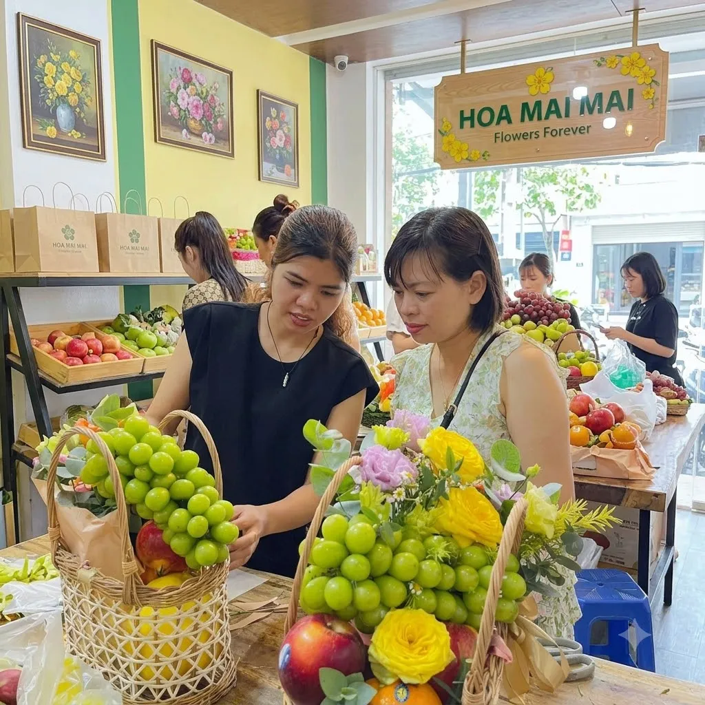 Hai nhân viên đang xếp giỏ nho xanh và hoa tại Vị Xuyên, Hà Giang