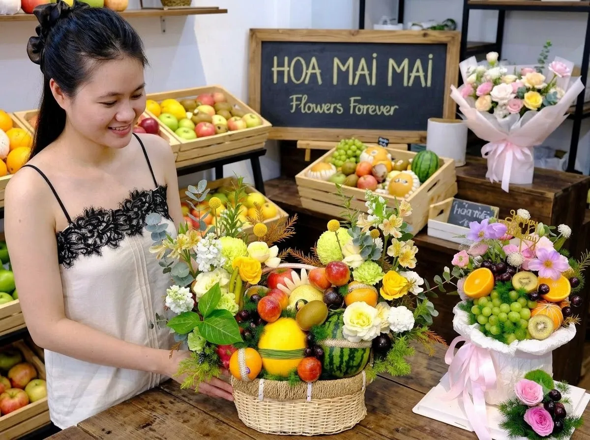 Cô gái cắm giỏ quà trái cây phối dưa lưới tại Vị Xuyên, Hà Giang