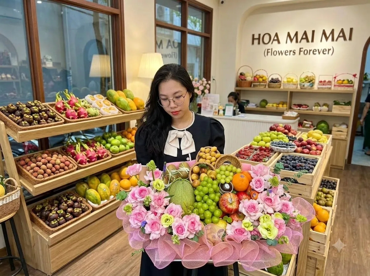 Nhân viên bưng giỏ trái cây phối dưa lê tại Vĩnh Hưng, Long An