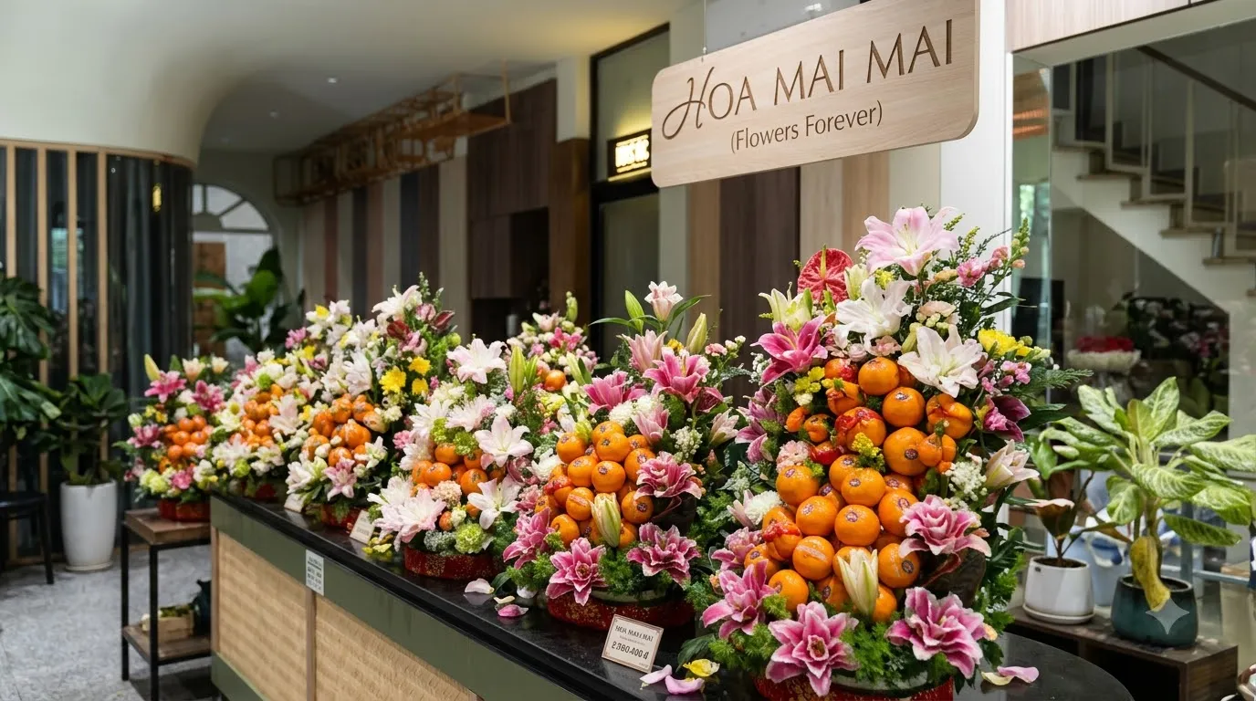 Dãy giỏ hoa quýt phối hoa ly trưng bày tại Vĩnh Hưng, Long An