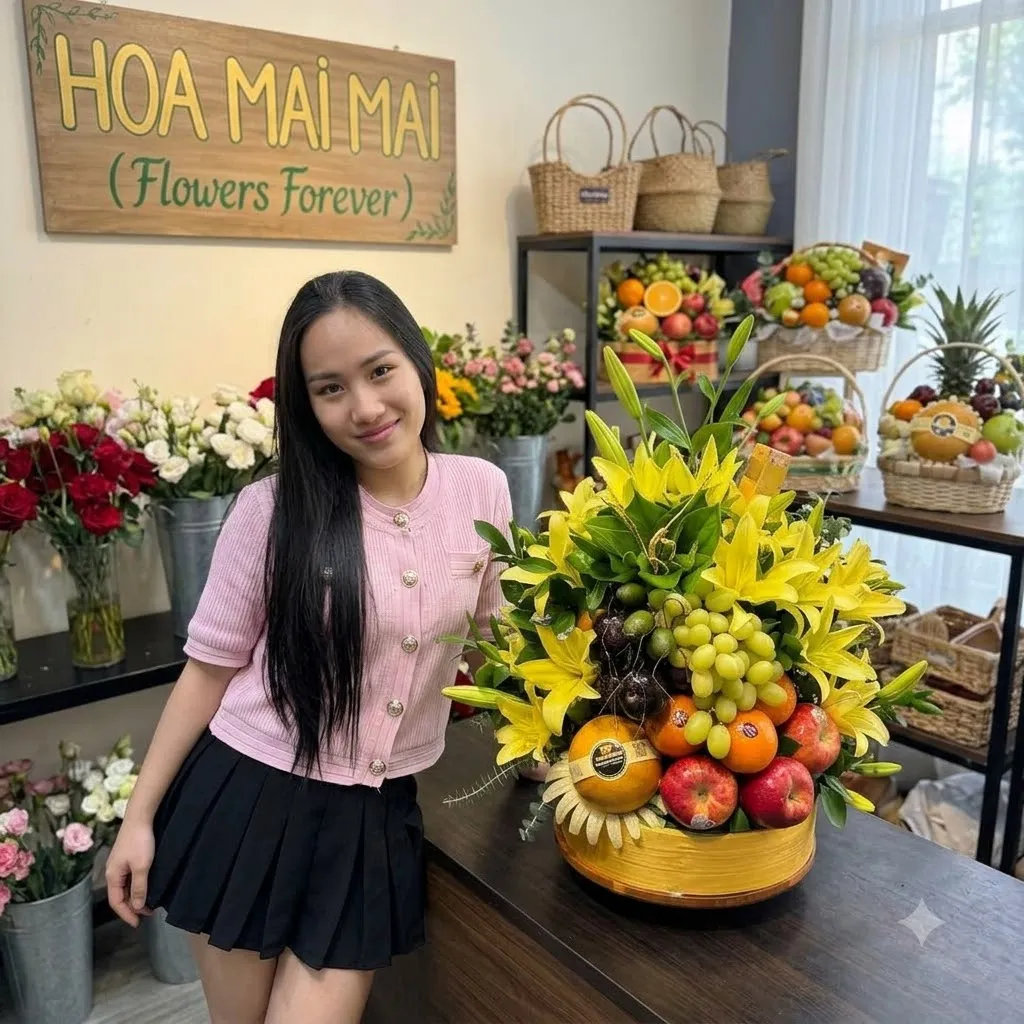 Cô gái đứng cạnh giỏ trái cây hoa ly vàng tại Huyện Hậu Lộc, Thanh Hoá