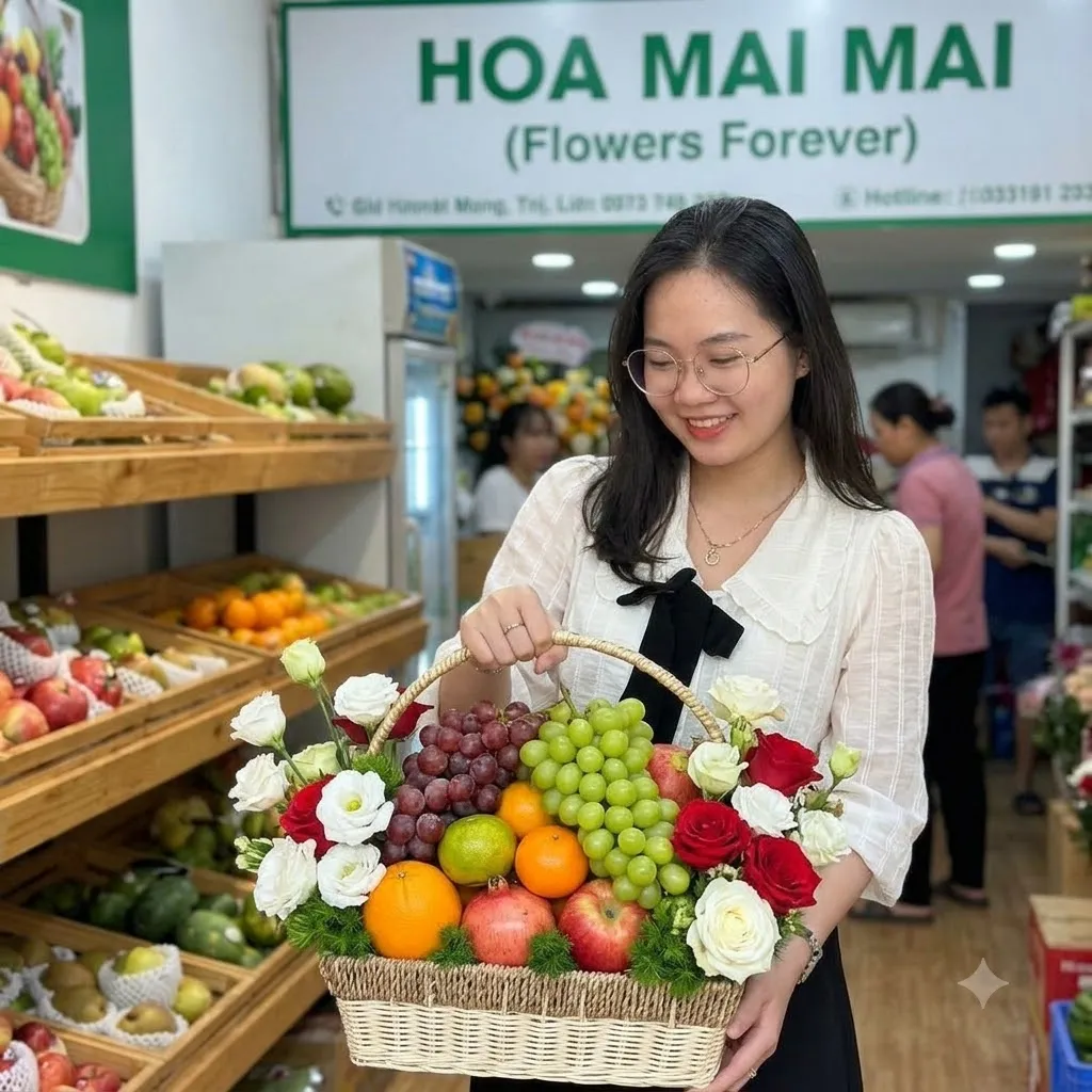 Nhân viên tươi cười ôm giỏ trái cây đỏ trắng tại Vĩnh Hưng, Long An