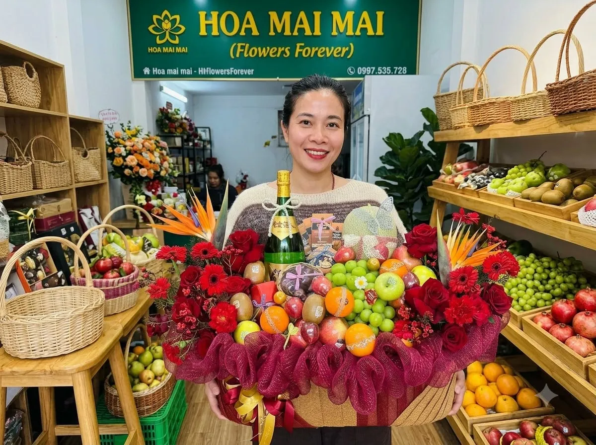 Nhân viên ôm giỏ trái cây đỏ kèm rượu vang tại Vĩnh Hưng, Long An