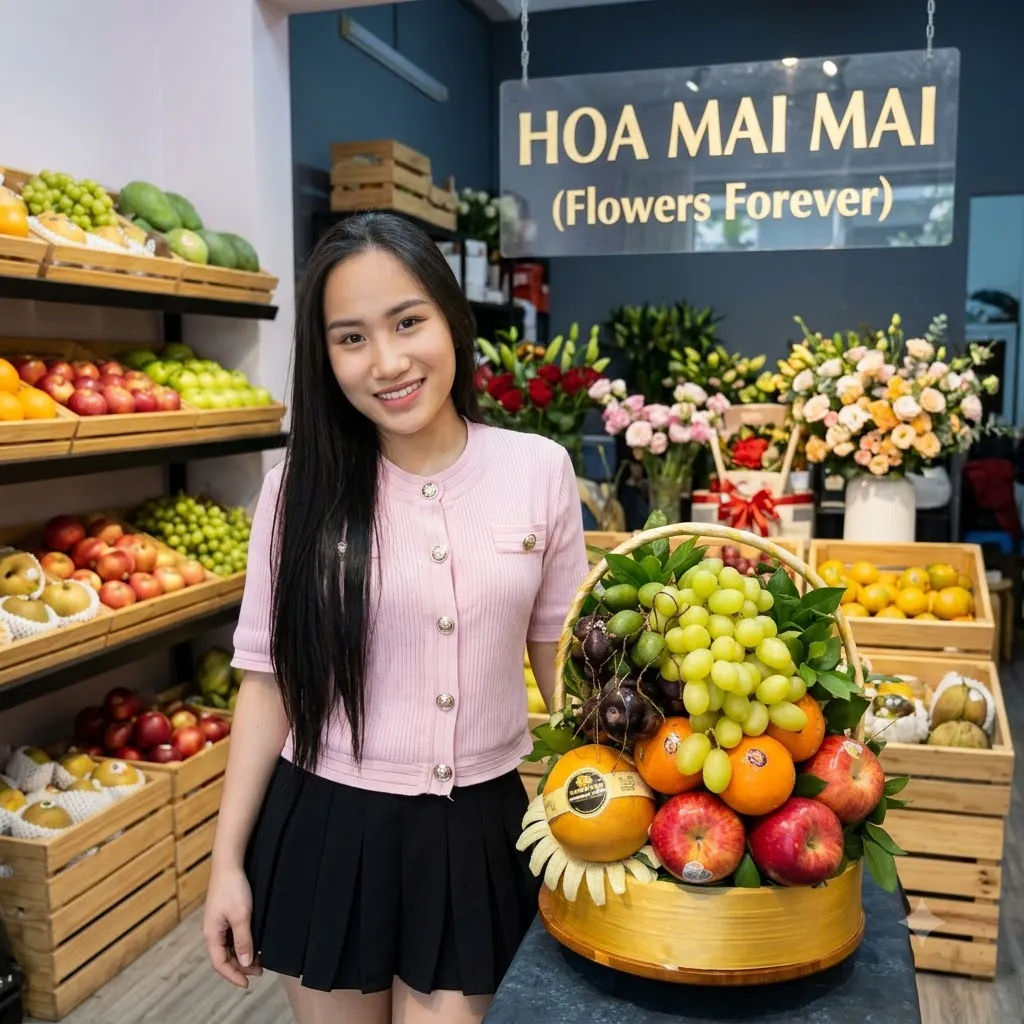Cô gái tươi cười bên giỏ trái cây tròn vàng tại Huyện Hậu Lộc, Thanh Hoá