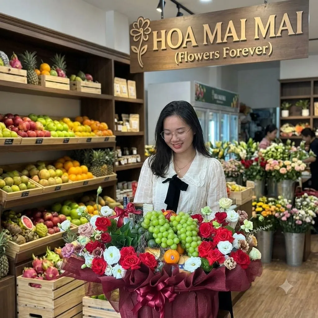 Nhân viên ôm giỏ trái cây bọc lưới đỏ mận tại Sơn Trà Đà Nẵng
