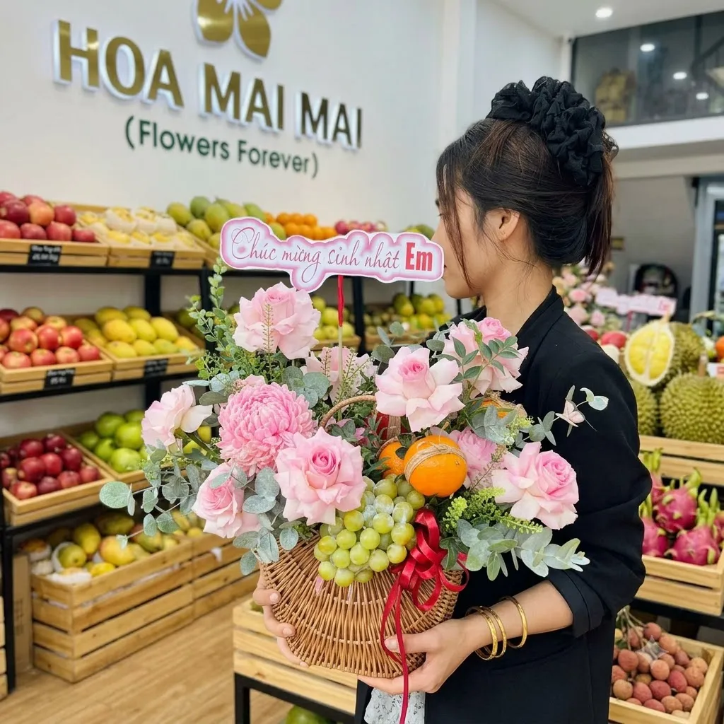 Nhân viên ôm giỏ trái cây kèm thiệp chúc mừng tại Huyện Chiêm Hóa, Tuyên Quang