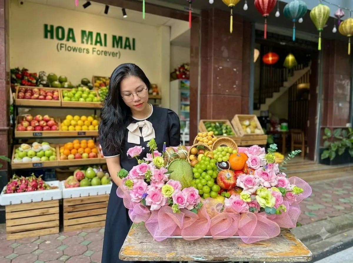 Nhân viên đặt giỏ trái cây trước hiên đèn lồng tại Huyện Hậu Lộc, Thanh Hoá